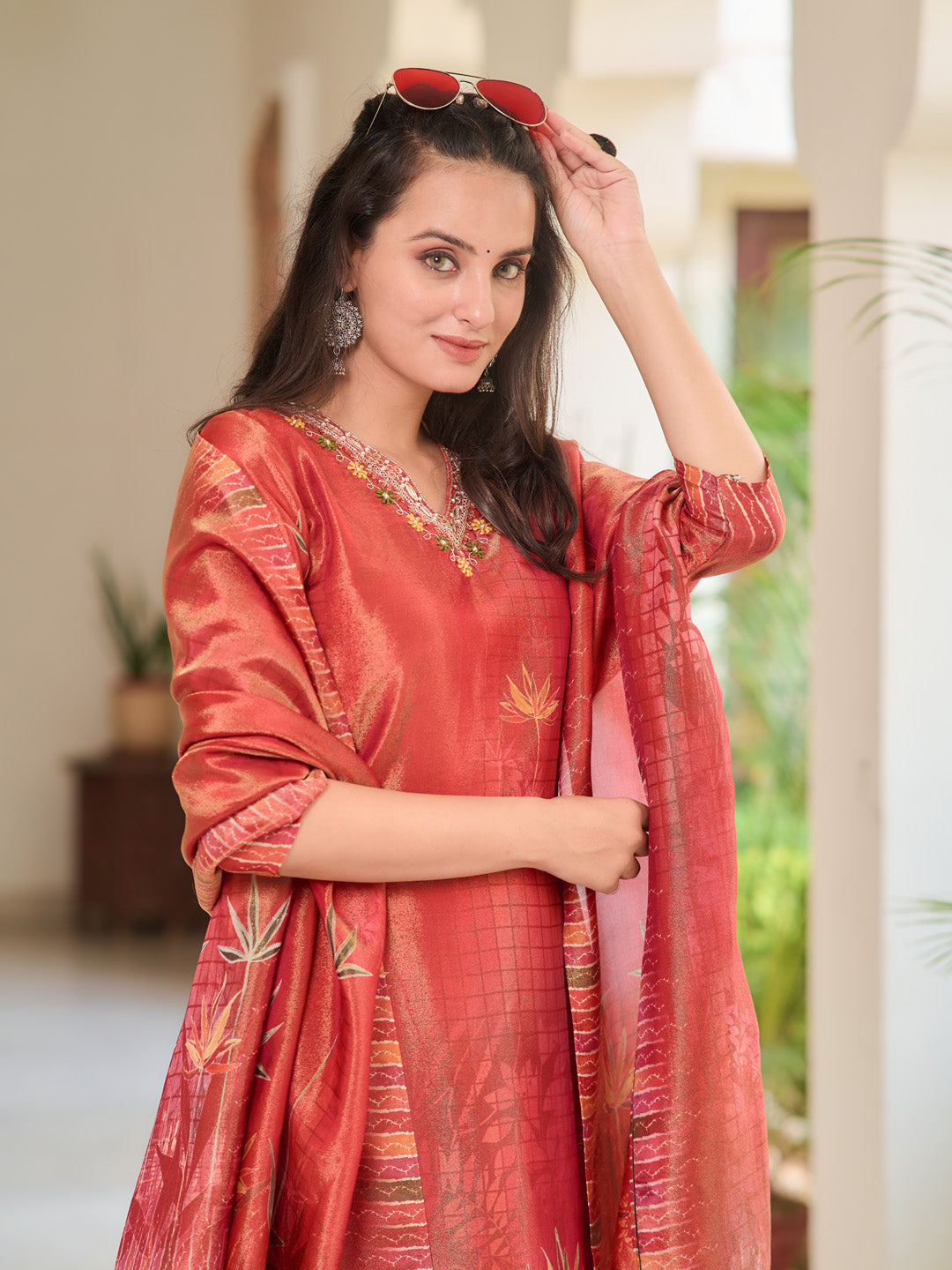 Hand Embroidered & Printed Pure Silk Kurta With Pant & Printed Dupatta, Rust - Hiral Fashion | Grocsy