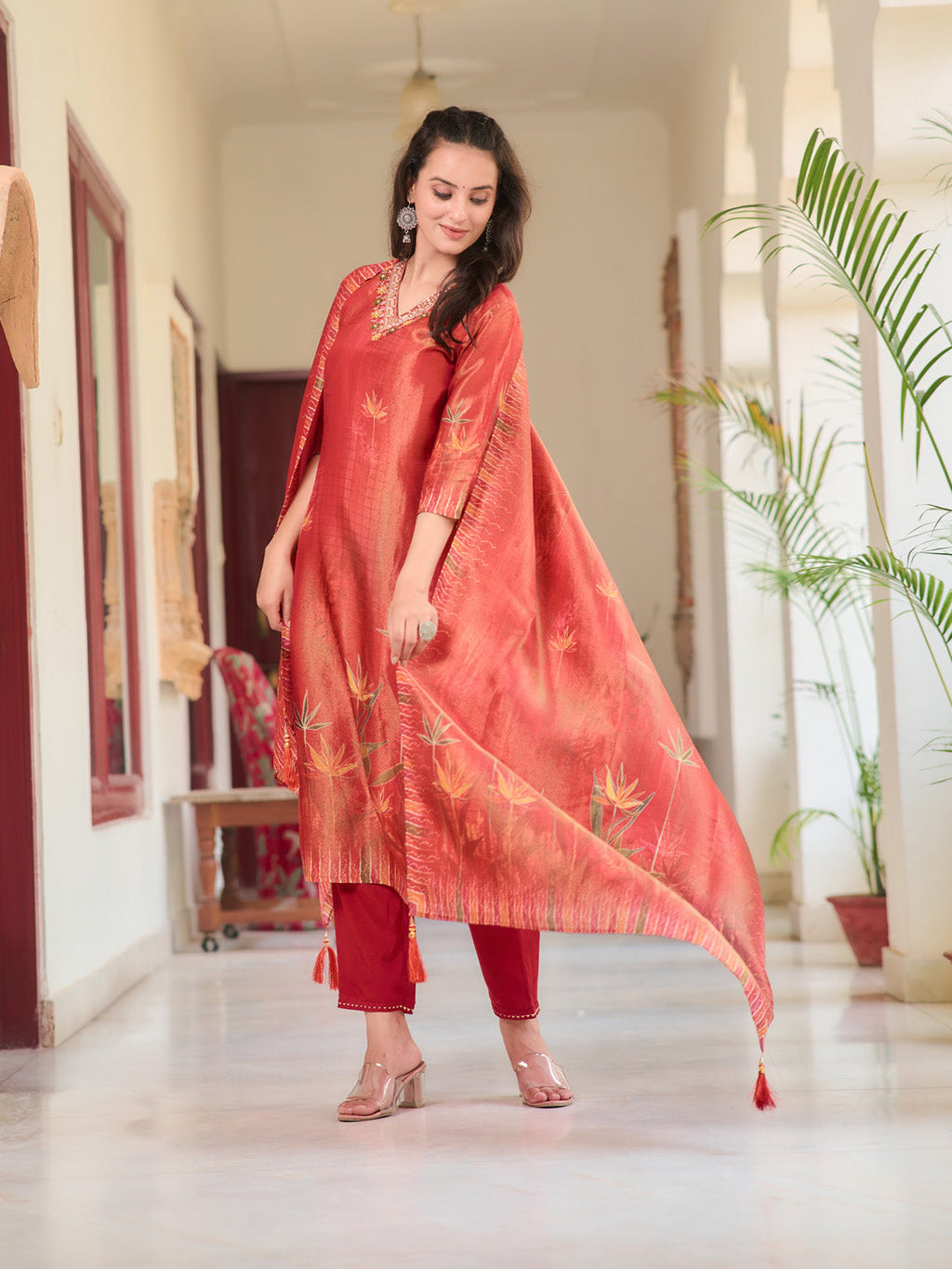 Hand Embroidered & Printed Pure Silk Kurta With Pant & Printed Dupatta, Rust - Hiral Fashion | Grocsy