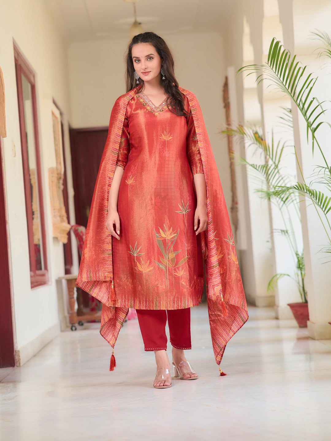 Hand Embroidered & Printed Pure Silk Kurta With Pant & Printed Dupatta, Rust - Hiral Fashion | Grocsy