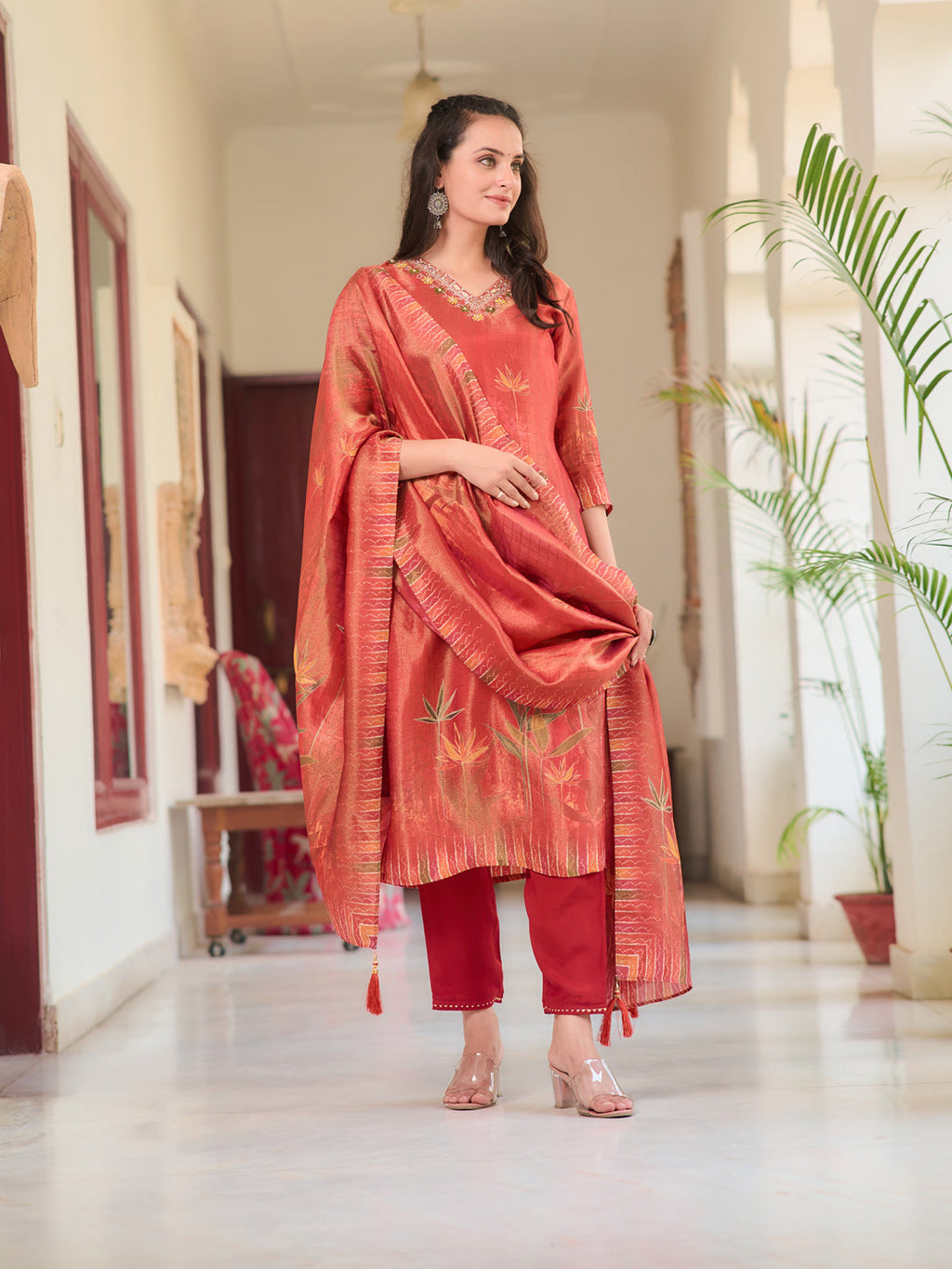 Hand Embroidered & Printed Pure Silk Kurta With Pant & Printed Dupatta, Rust - Hiral Fashion | Grocsy