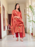 Hand Embroidered & Printed Pure Silk Kurta With Pant & Printed Dupatta, Rust - Hiral Fashion | Grocsy