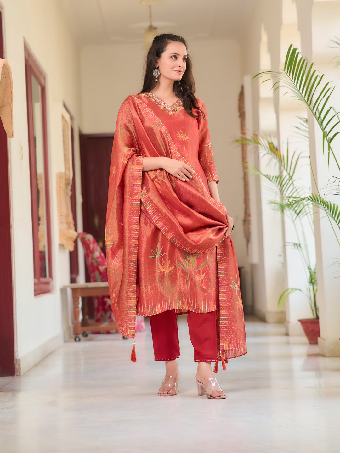 Hand Embroidered & Printed Pure Silk Kurta With Pant & Printed Dupatta, Rust - Hiral Fashion | Grocsy