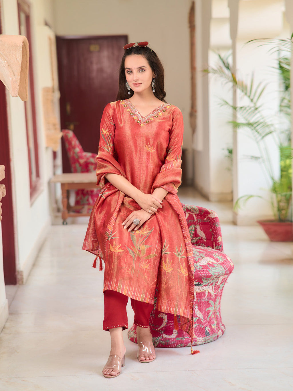 Hand Embroidered & Printed Pure Silk Kurta With Pant & Printed Dupatta, Rust - Hiral Fashion | Grocsy