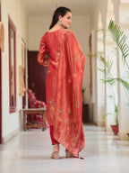 Hand Embroidered & Printed Pure Silk Kurta With Pant & Printed Dupatta, Rust - Hiral Fashion | Grocsy
