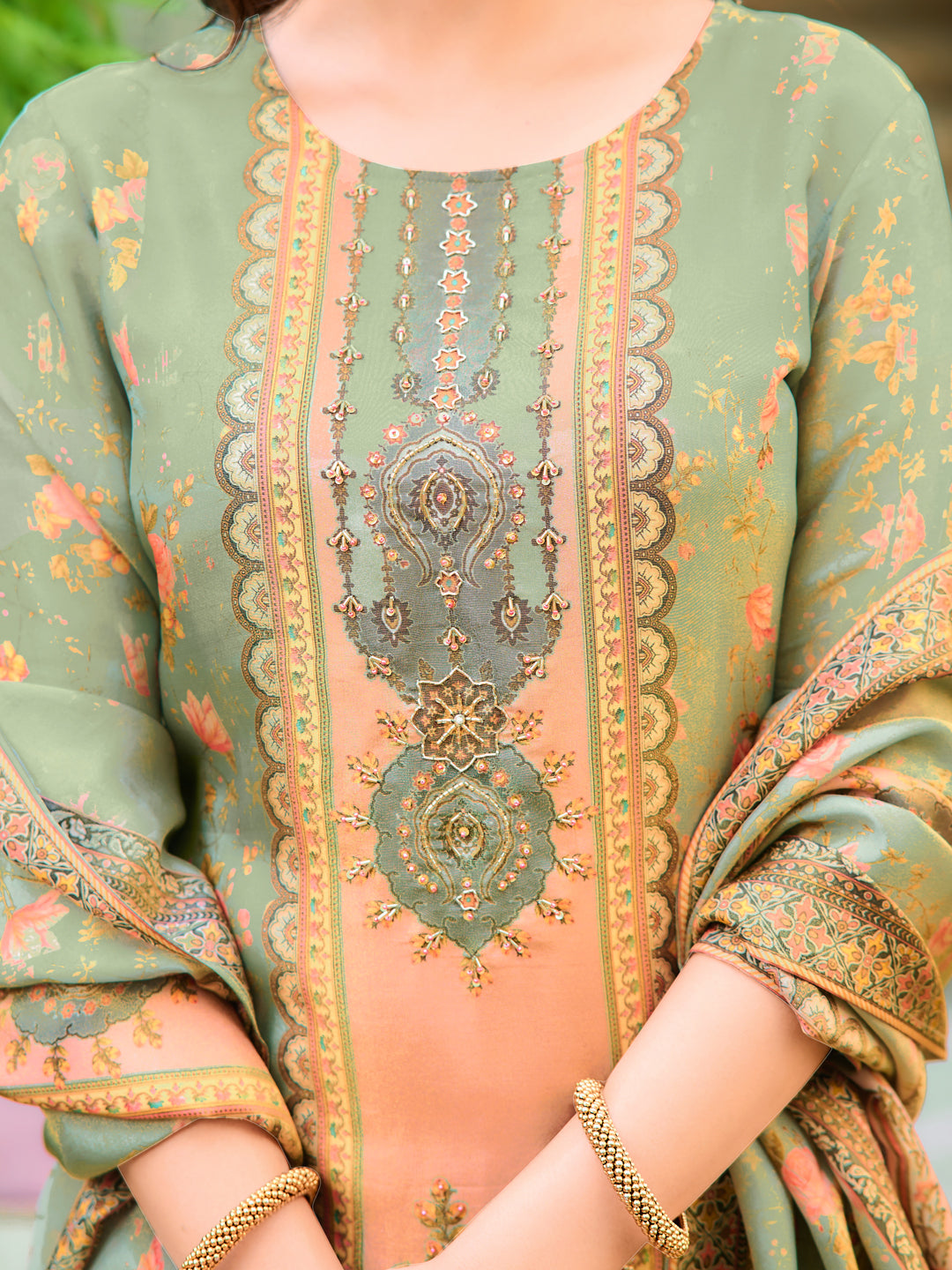 Hand Embroidered & Printed Pure Silk Kurta With Pant & Printed Dupatta, Green - Hiral Fashion | Grocsy