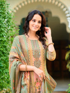 Hand Embroidered & Printed Pure Silk Kurta With Pant & Printed Dupatta, Green - Hiral Fashion | Grocsy