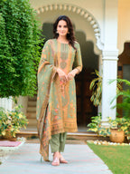 Hand Embroidered & Printed Pure Silk Kurta With Pant & Printed Dupatta, Green - Hiral Fashion | Grocsy