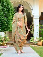 Hand Embroidered & Printed Pure Silk Kurta With Pant & Printed Dupatta, Green - Hiral Fashion | Grocsy