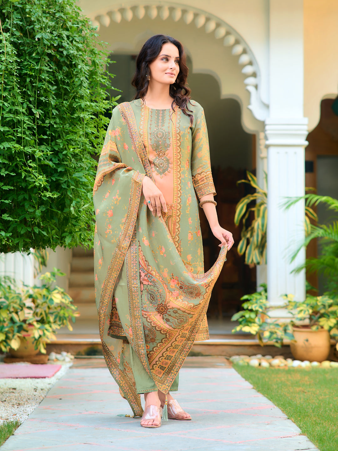 Hand Embroidered & Printed Pure Silk Kurta With Pant & Printed Dupatta, Green - Hiral Fashion | Grocsy