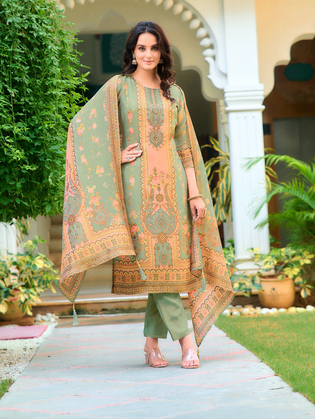 Hand Embroidered & Printed Pure Silk Kurta With Pant & Printed Dupatta, Green - Hiral Fashion | Grocsy