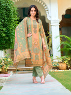 Hand Embroidered & Printed Pure Silk Kurta With Pant & Printed Dupatta, Green - Hiral Fashion | Grocsy