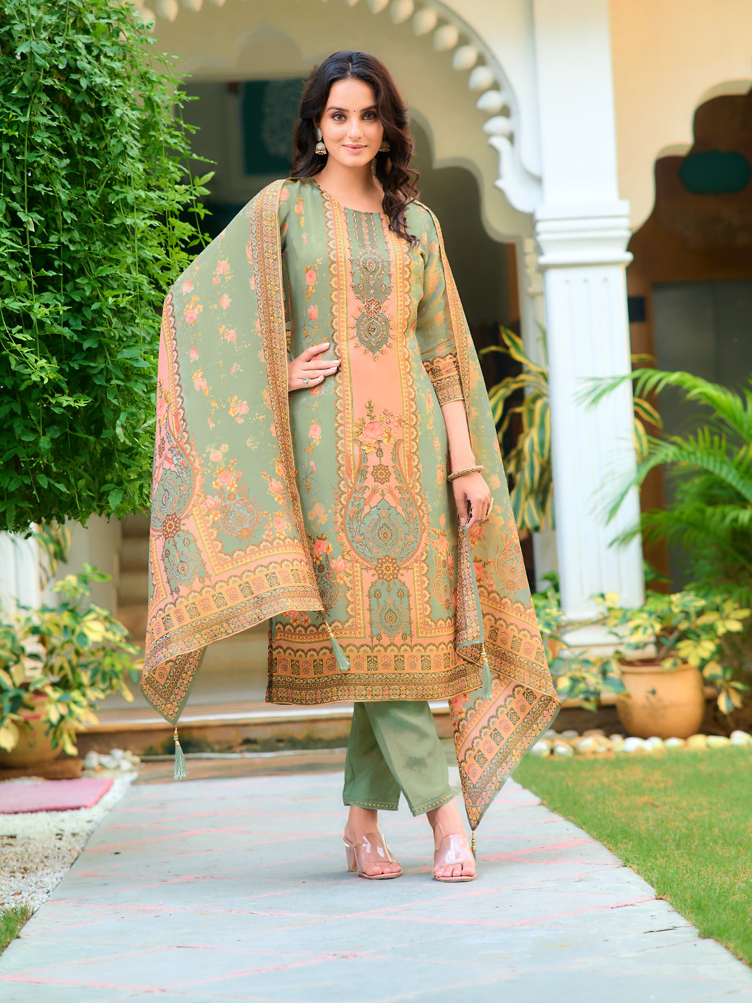 Hand Embroidered & Printed Pure Silk Kurta With Pant & Printed Dupatta, Green - Hiral Fashion | Grocsy