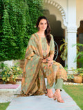 Hand Embroidered & Printed Pure Silk Kurta With Pant & Printed Dupatta, Green - Hiral Fashion | Grocsy