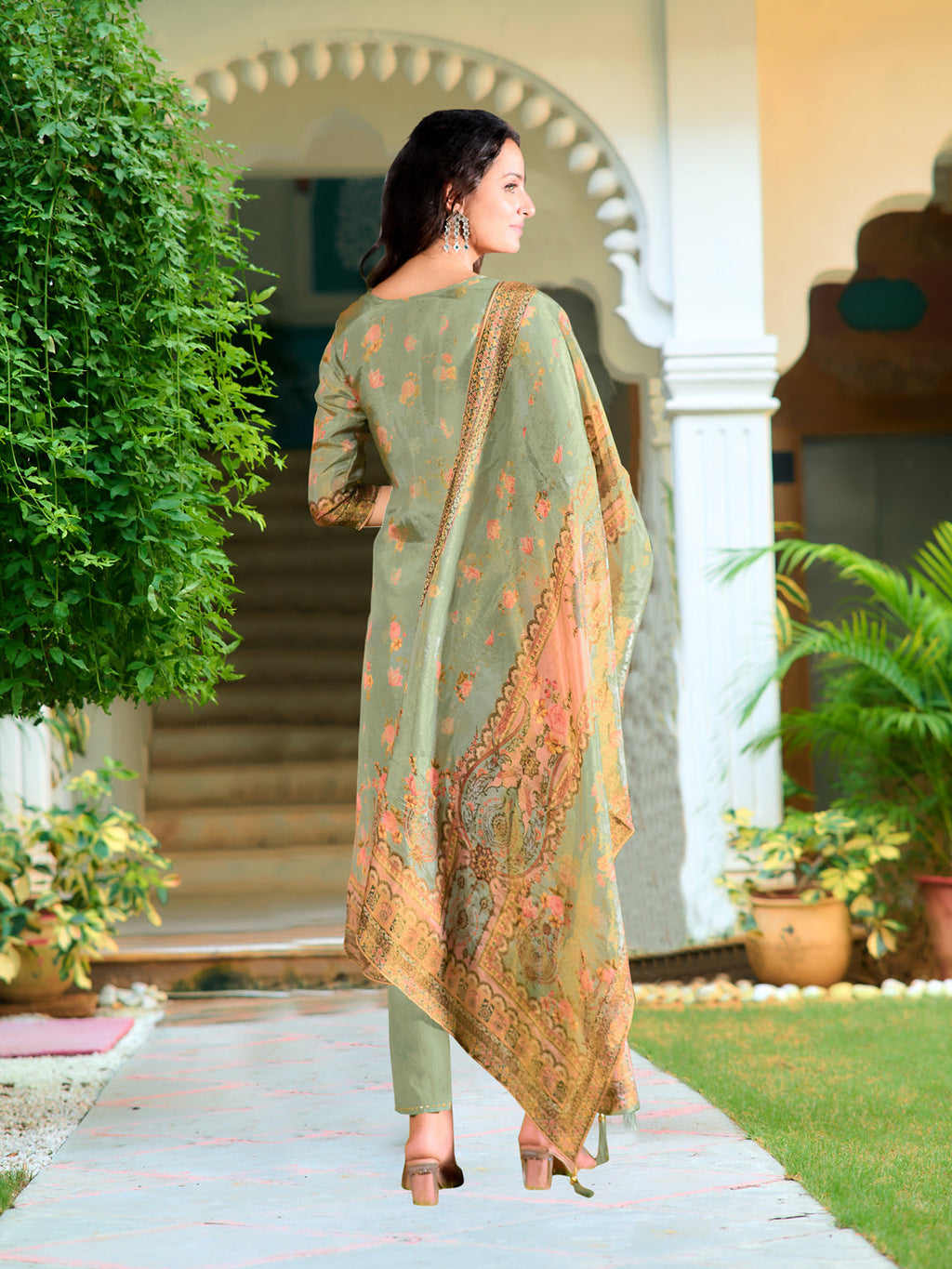 Hand Embroidered & Printed Pure Silk Kurta With Pant & Printed Dupatta, Green - Hiral Fashion | Grocsy