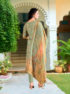 Hand Embroidered & Printed Pure Silk Kurta With Pant & Printed Dupatta, Green - Hiral Fashion | Grocsy