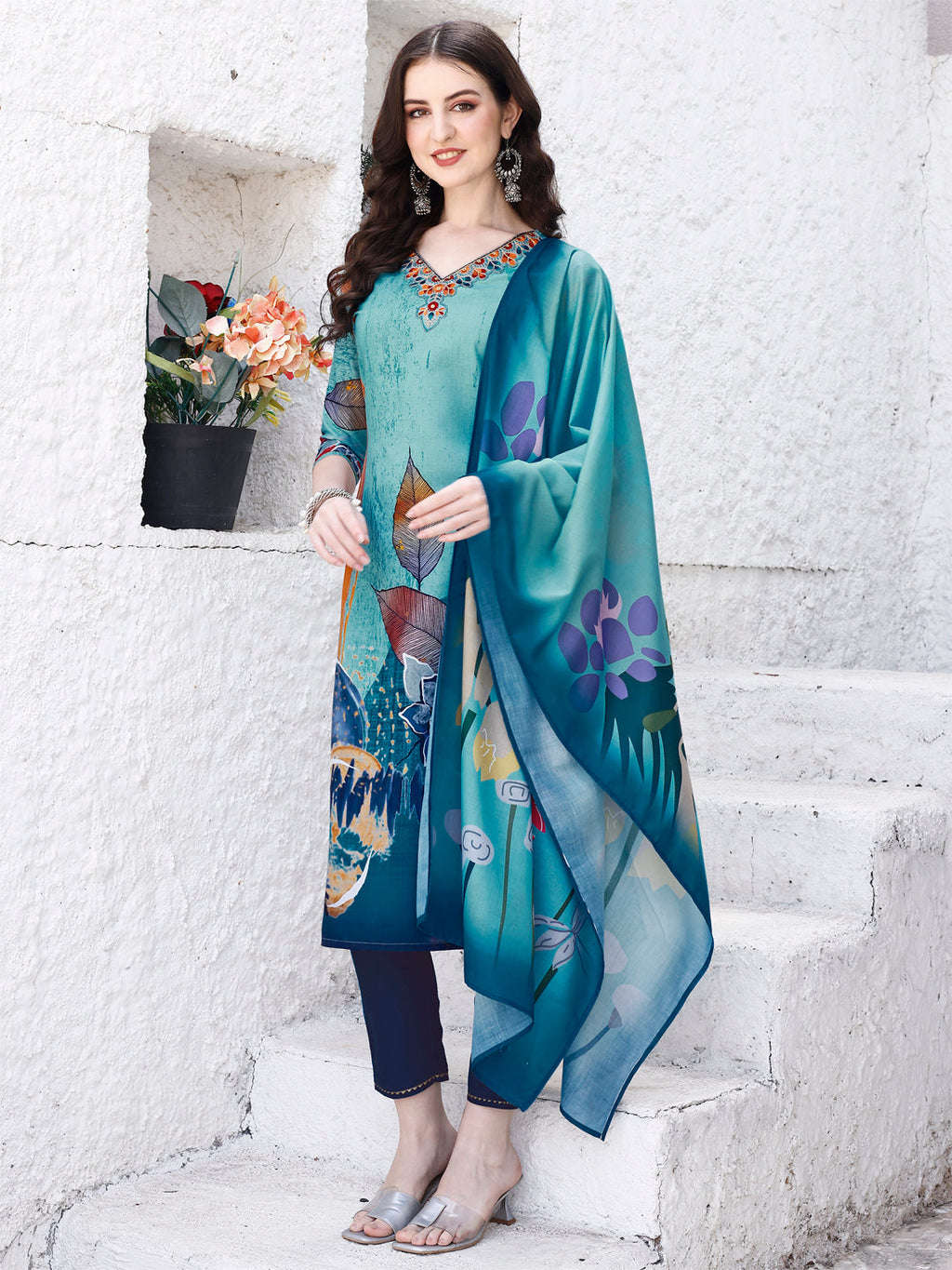 Embroidered & Floral Printed Kurta With Pant & Printed Dupatta Premium Luxury, Multicolor - Hiral Fashion | Grocsy