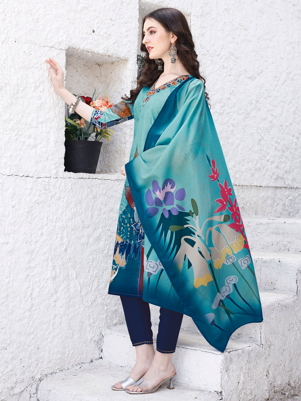 Embroidered & Floral Printed Kurta With Pant & Printed Dupatta Premium Luxury, Multicolor - Hiral Fashion | Grocsy