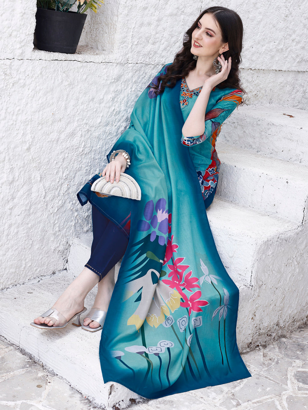 Embroidered & Floral Printed Kurta With Pant & Printed Dupatta Premium Luxury, Multicolor - Hiral Fashion | Grocsy