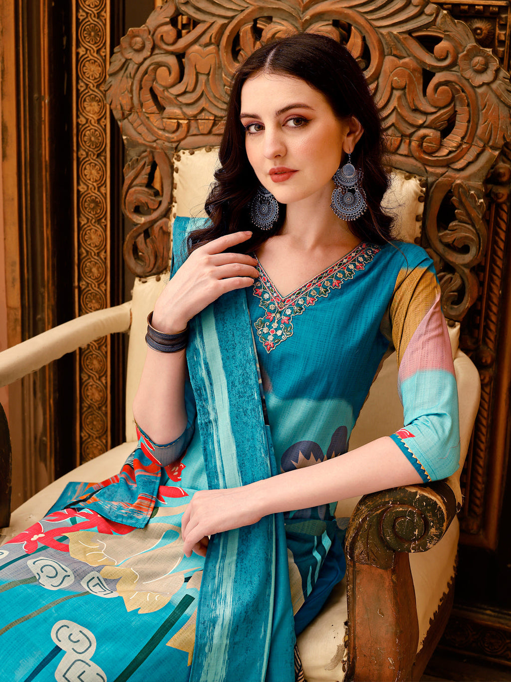 Embroidered & Floral Printed Kurta With Pant & Printed Dupatta, Multicolor - Hiral Fashion | Grocsy