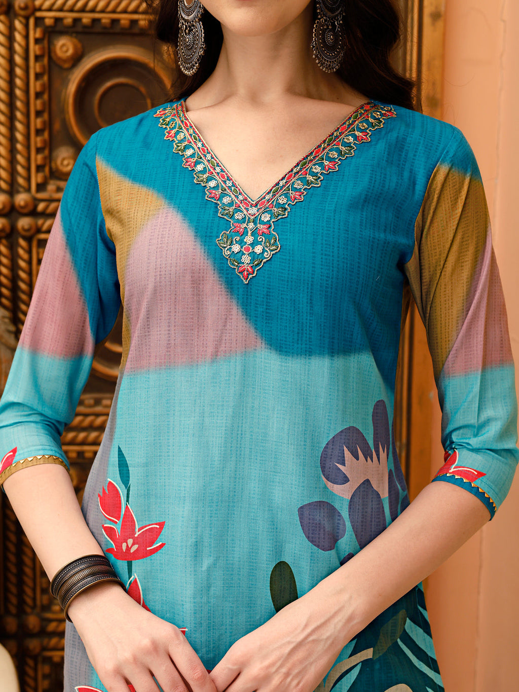 Embroidered & Floral Printed Kurta With Pant & Printed Dupatta, Multicolor - Hiral Fashion | Grocsy