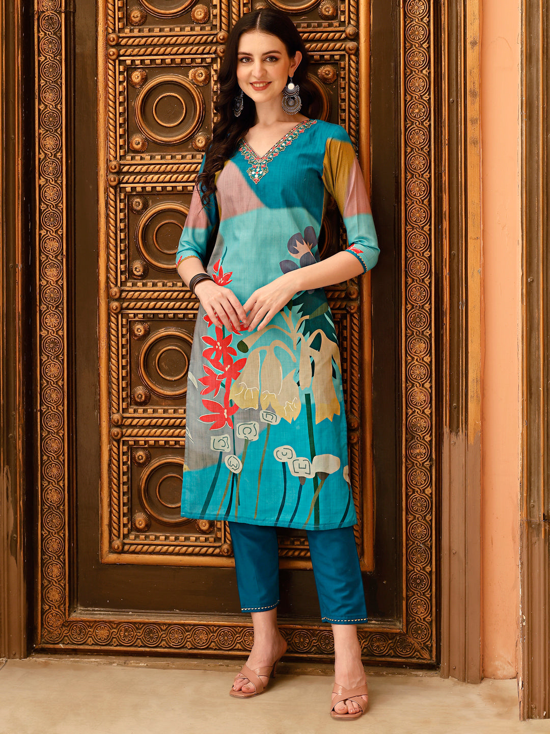 Embroidered & Floral Printed Kurta With Pant & Printed Dupatta, Multicolor - Hiral Fashion | Grocsy