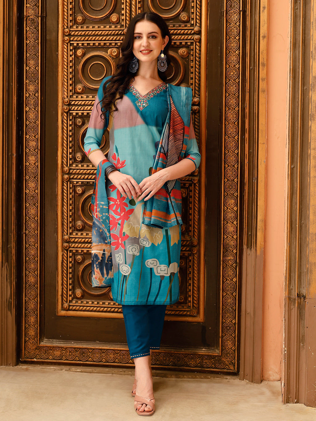 Embroidered & Floral Printed Kurta With Pant & Printed Dupatta, Multicolor - Hiral Fashion | Grocsy