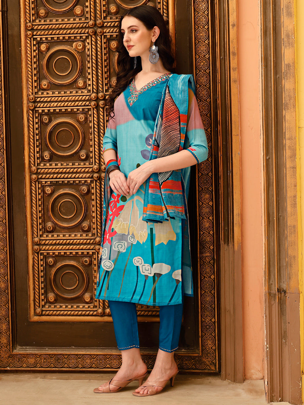 Embroidered & Floral Printed Kurta With Pant & Printed Dupatta, Multicolor - Hiral Fashion | Grocsy