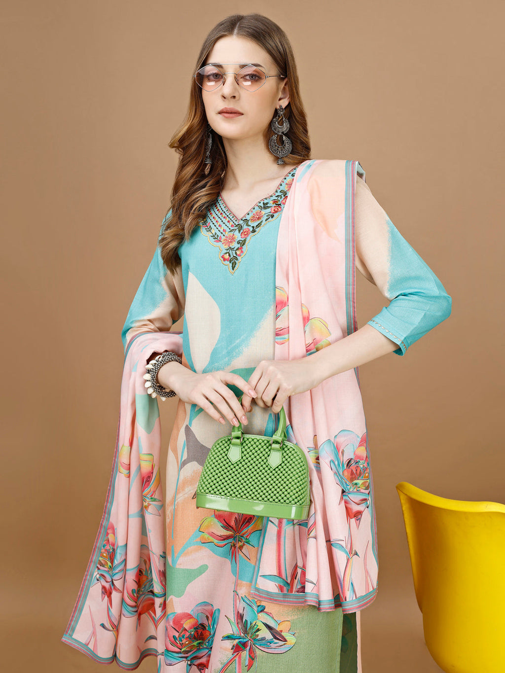 Embroidered & Floral Printed Kurta With Pant & Printed Dupatta Premium, Multicolor - Hiral Fashion | Grocsy
