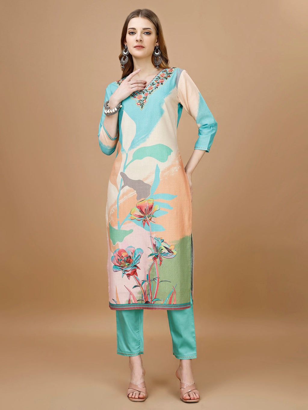 Embroidered & Floral Printed Kurta With Pant & Printed Dupatta Premium, Multicolor - Hiral Fashion | Grocsy