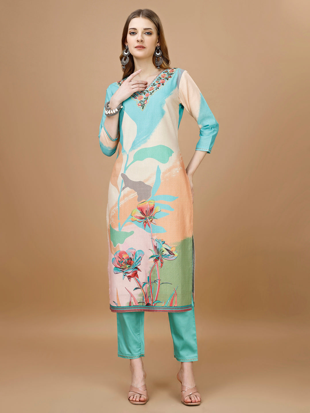 Embroidered & Floral Printed Kurta With Pant & Printed Dupatta Premium, Multicolor - Hiral Fashion | Grocsy