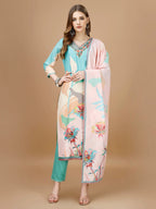 Embroidered & Floral Printed Kurta With Pant & Printed Dupatta Premium, Multicolor - Hiral Fashion | Grocsy