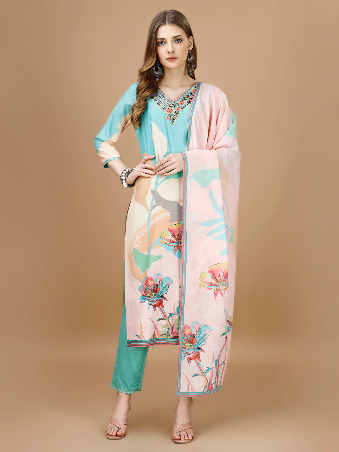 Embroidered & Floral Printed Kurta With Pant & Printed Dupatta Premium, Multicolor - Hiral Fashion | Grocsy