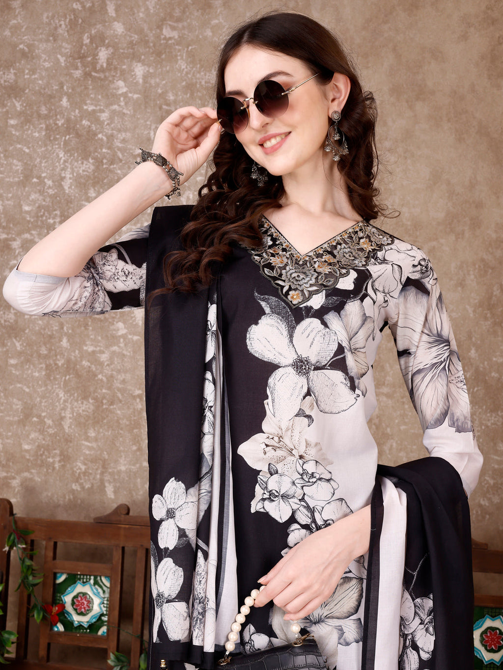 Embroidered & Floral Printed Kurta With Pant & Printed Dupatta Premium, Black - Hiral Fashion | Grocsy