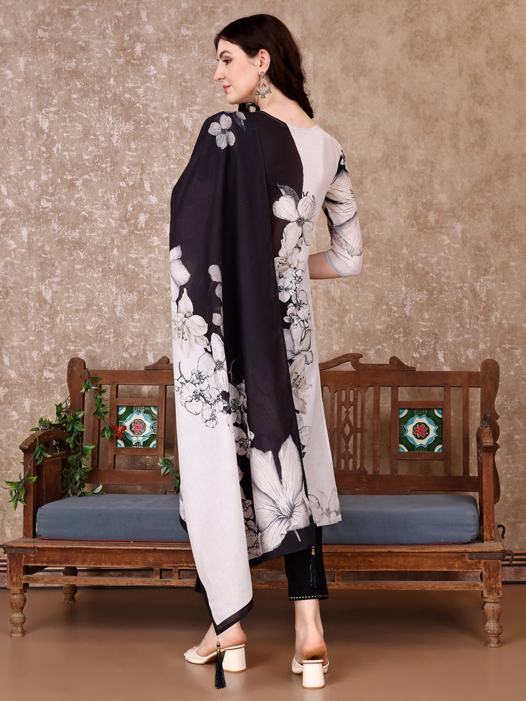 Embroidered & Floral Printed Kurta With Pant & Printed Dupatta Premium, Black - Hiral Fashion | Grocsy