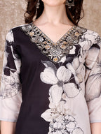 Embroidered & Floral Printed Kurta With Pant & Printed Dupatta Premium, Black - Hiral Fashion | Grocsy
