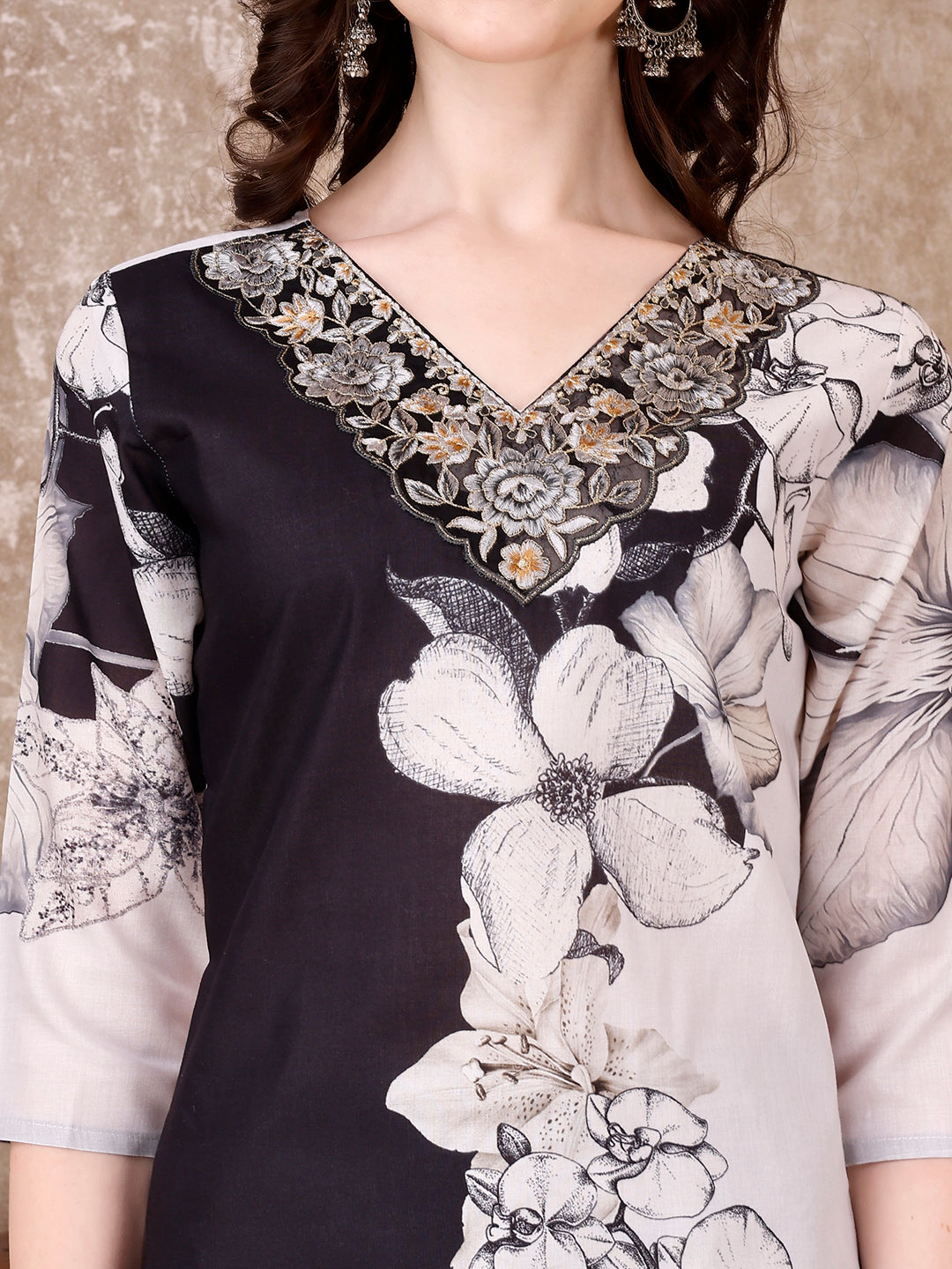 Embroidered & Floral Printed Kurta With Pant & Printed Dupatta Premium, Black - Hiral Fashion | Grocsy