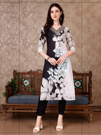 Embroidered & Floral Printed Kurta With Pant & Printed Dupatta Premium, Black - Hiral Fashion | Grocsy