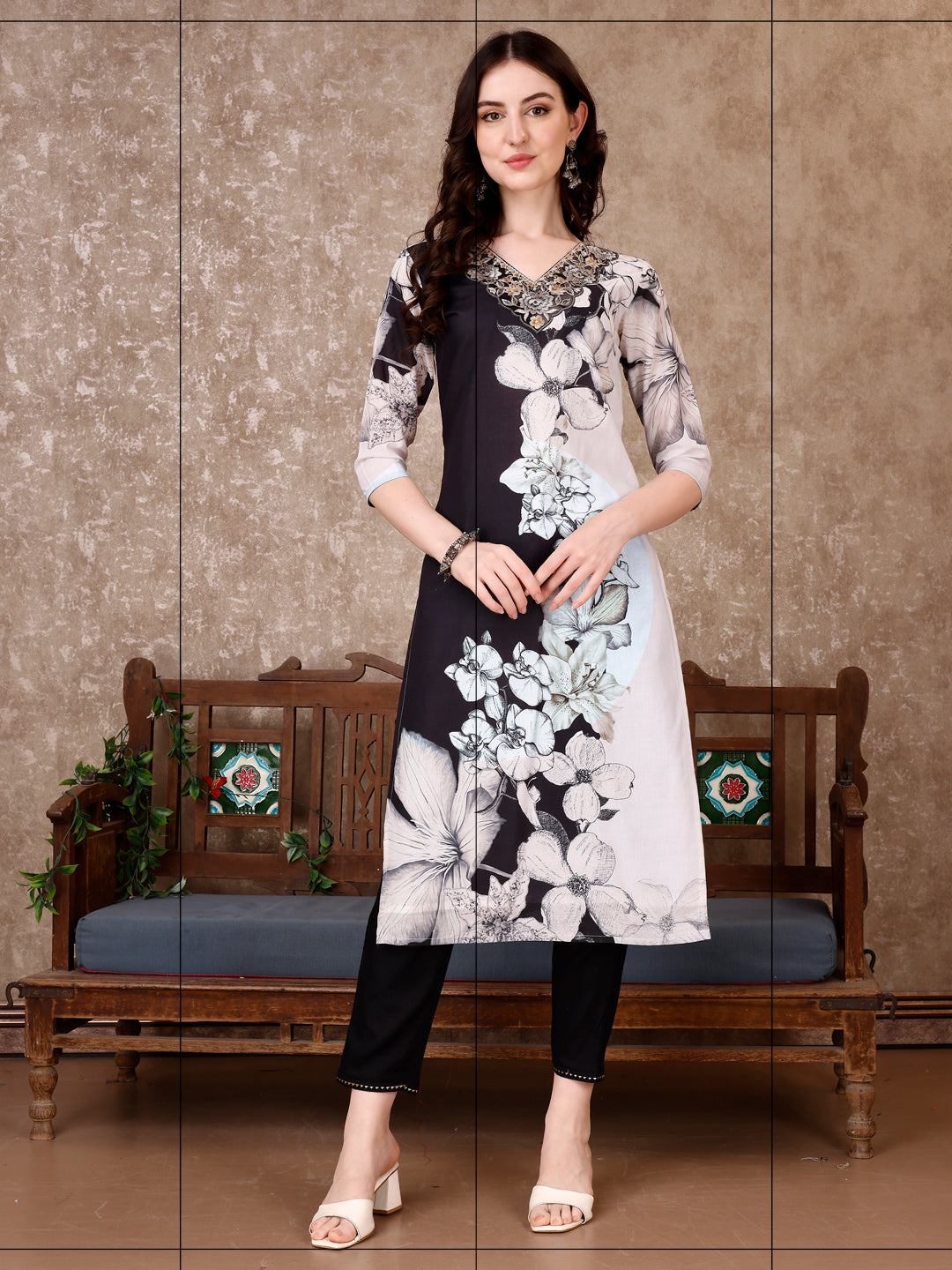 Embroidered & Floral Printed Kurta With Pant & Printed Dupatta Premium, Black - Hiral Fashion | Grocsy
