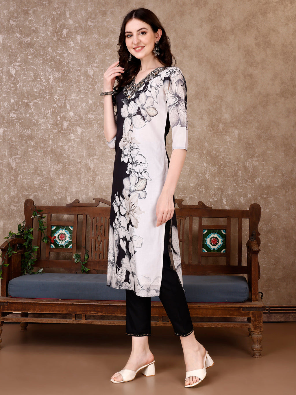 Embroidered & Floral Printed Kurta With Pant & Printed Dupatta Premium, Black - Hiral Fashion | Grocsy