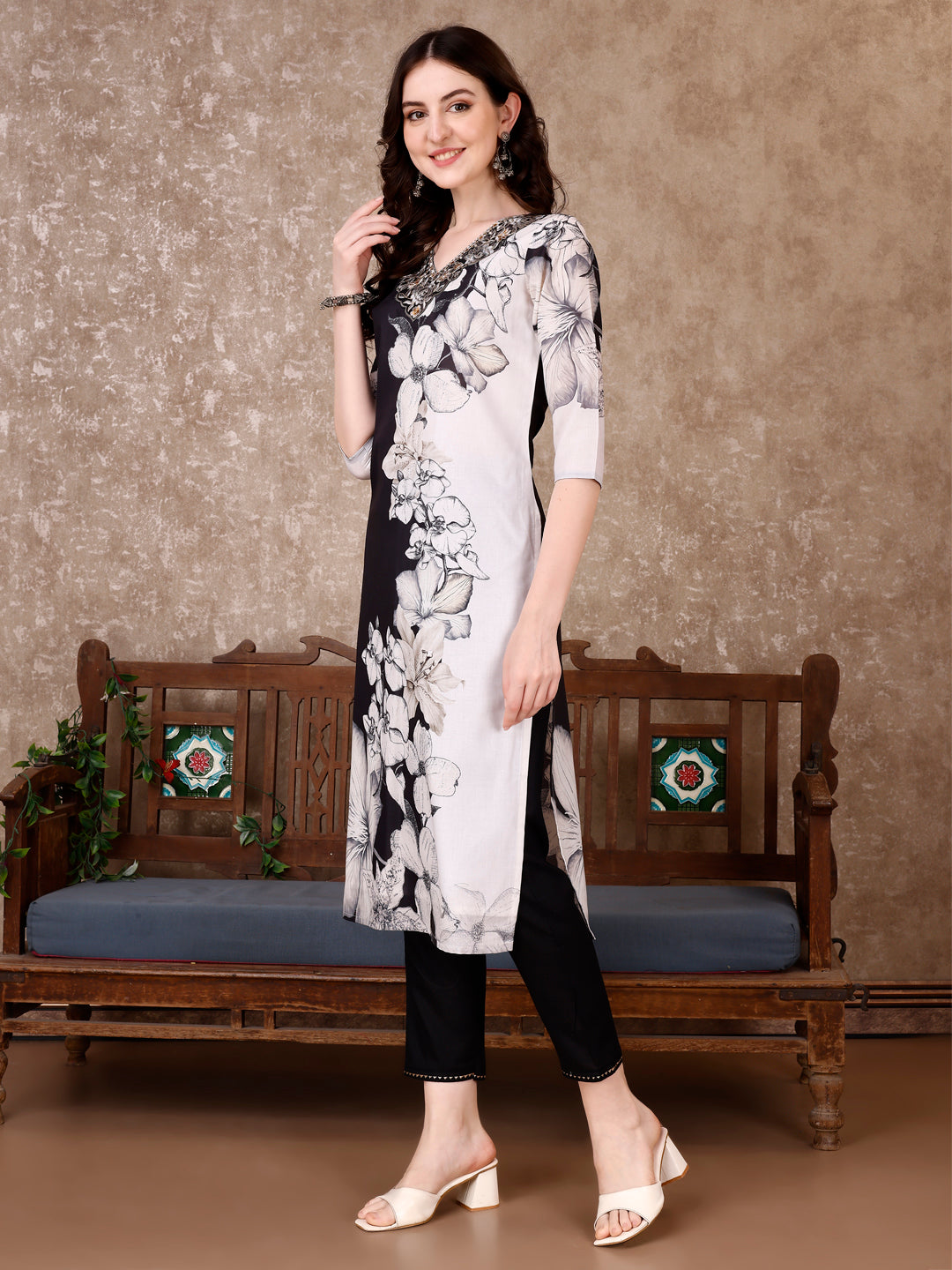 Embroidered & Floral Printed Kurta With Pant & Printed Dupatta Premium, Black - Hiral Fashion | Grocsy