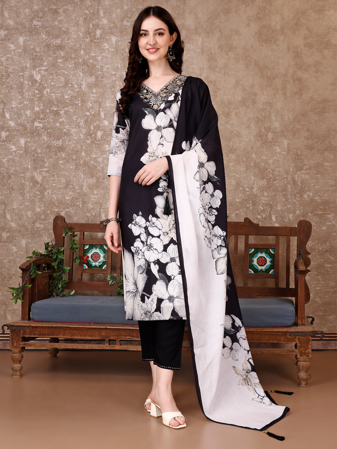 Embroidered & Floral Printed Kurta With Pant & Printed Dupatta Premium, Black - Hiral Fashion | Grocsy