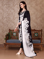 Embroidered & Floral Printed Kurta With Pant & Printed Dupatta Premium, Black - Hiral Fashion | Grocsy