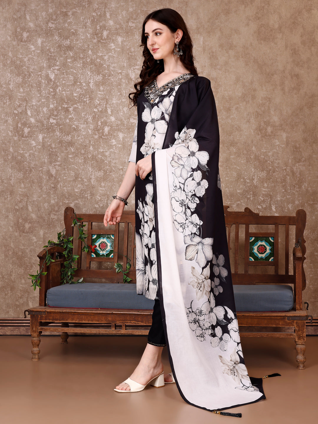 Embroidered & Floral Printed Kurta With Pant & Printed Dupatta Premium, Black - Hiral Fashion | Grocsy