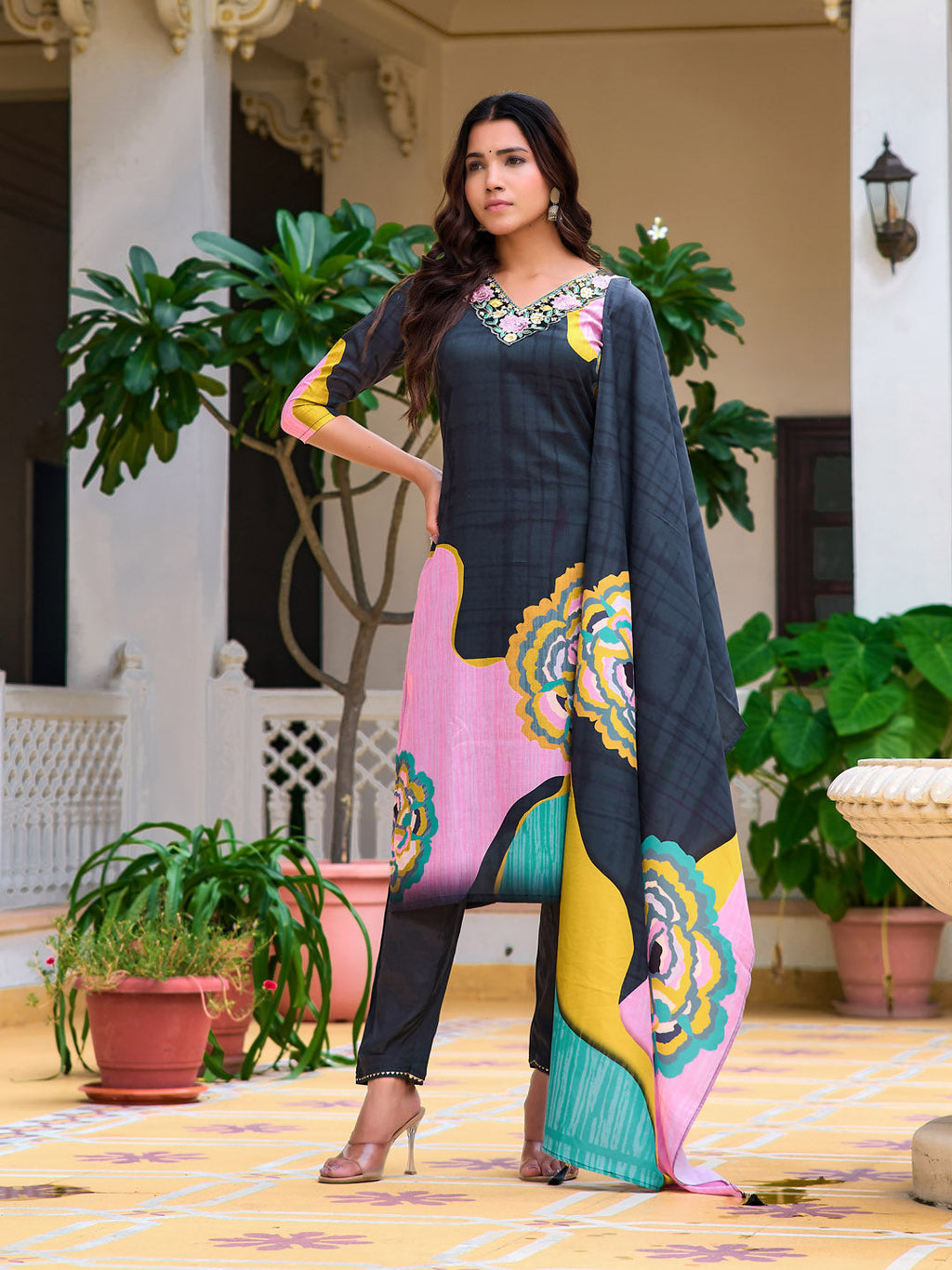 Embroidered & Floral Printed Kurta With Pant & Printed Dupatta, Lavender - Hiral Fashion | Grocsy