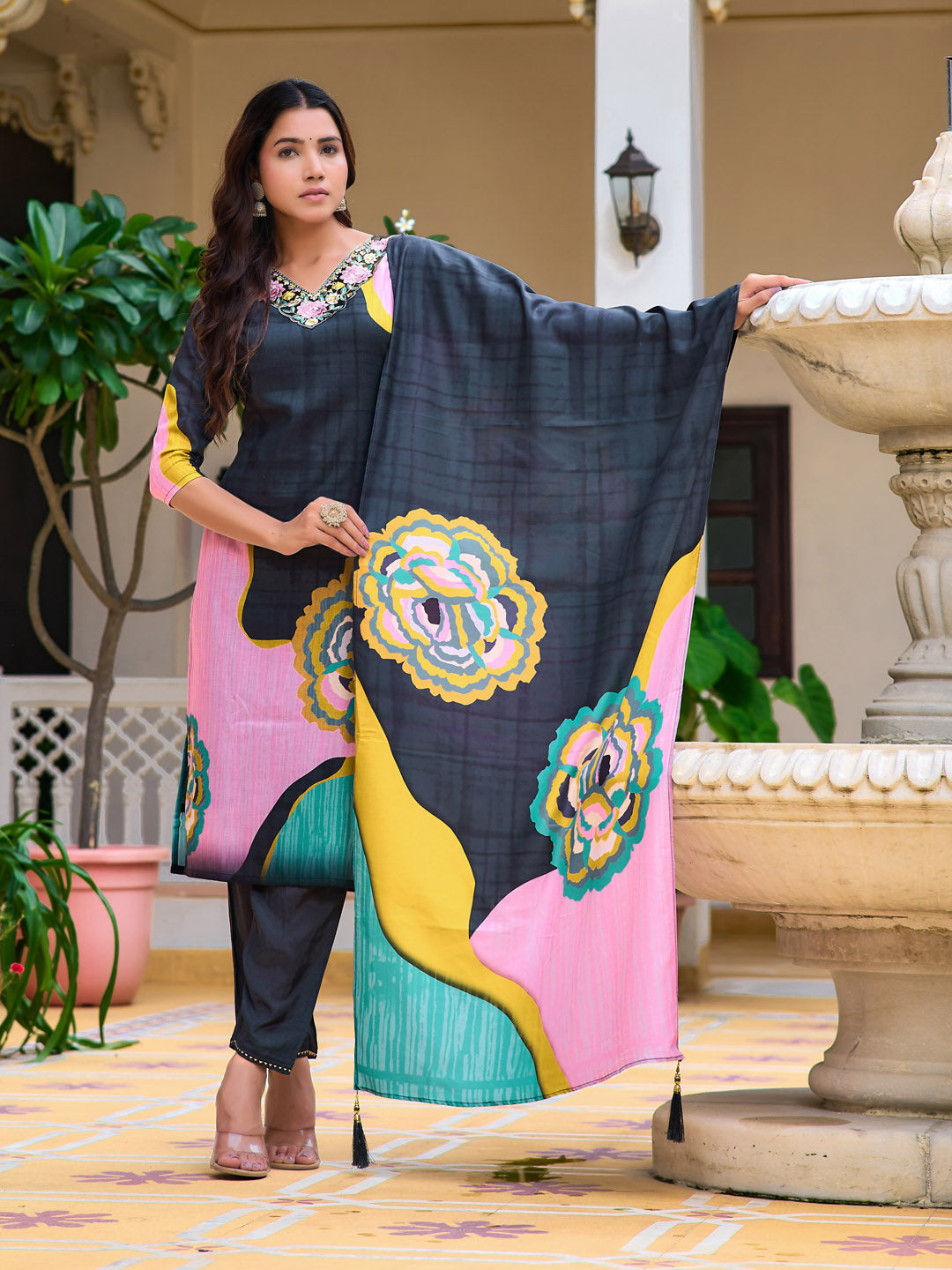 Embroidered & Floral Printed Kurta With Pant & Printed Dupatta, Lavender - Hiral Fashion | Grocsy