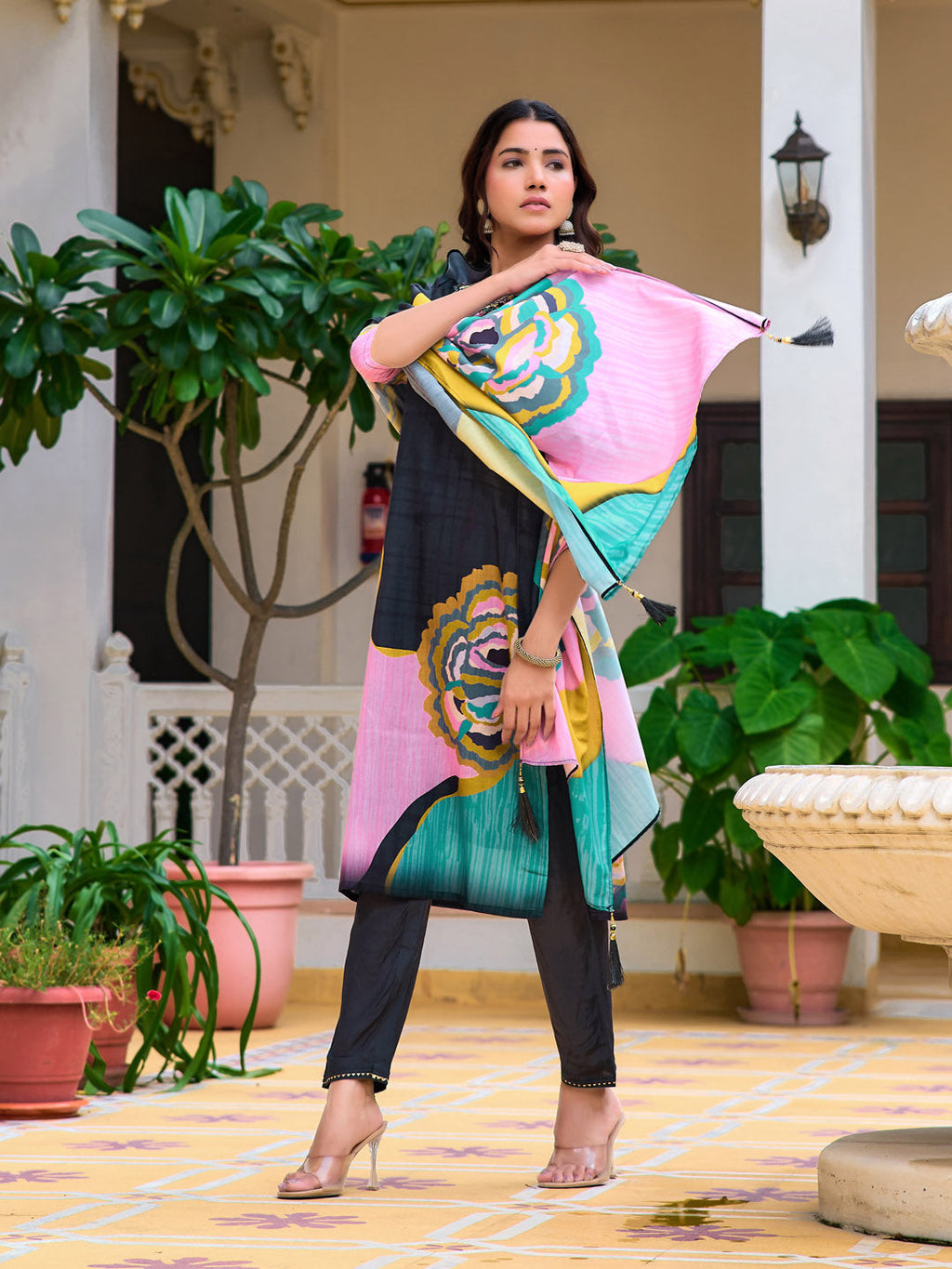 Embroidered & Floral Printed Kurta With Pant & Printed Dupatta, Lavender - Hiral Fashion | Grocsy