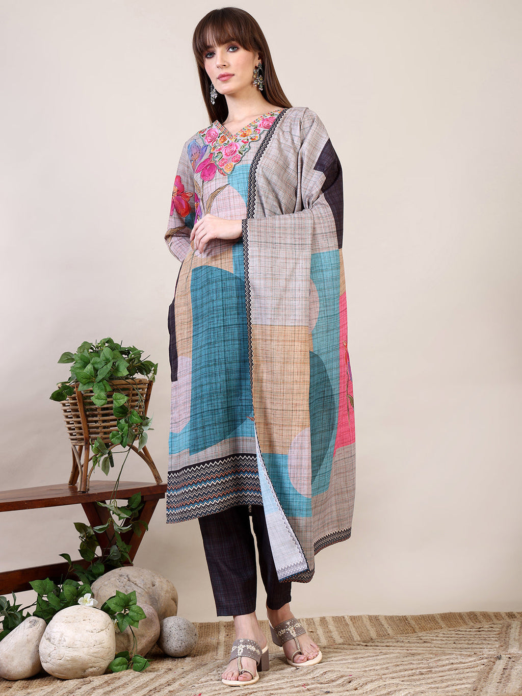 Embroidered & Printed Kurta With Pant & Dupatta, Multicolor - Hiral Fashion | Grocsy