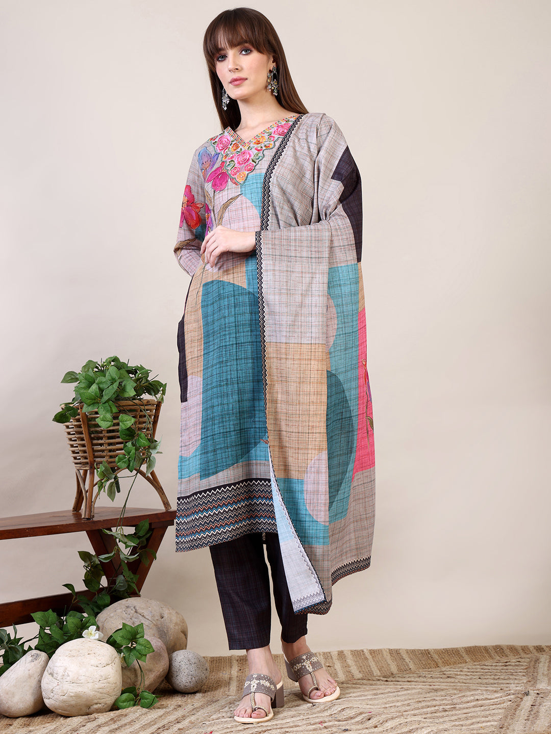 Embroidered & Printed Kurta With Pant & Dupatta, Multicolor - Hiral Fashion | Grocsy
