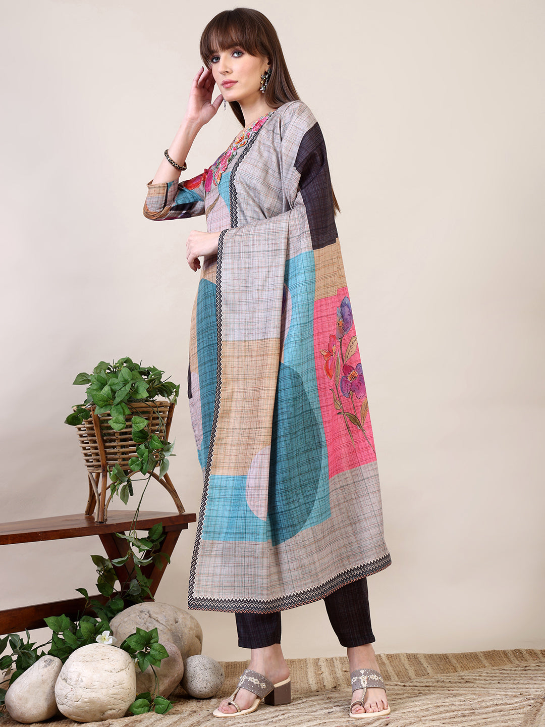 Embroidered & Printed Kurta With Pant & Dupatta, Multicolor - Hiral Fashion | Grocsy