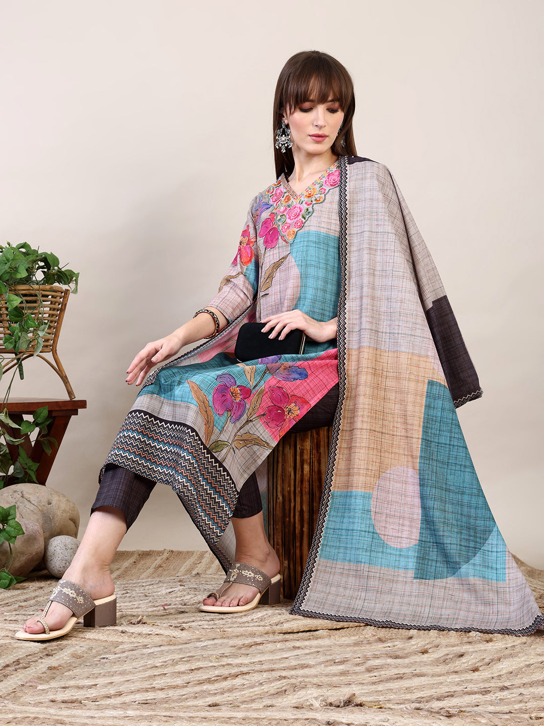 Embroidered & Printed Kurta With Pant & Dupatta, Multicolor - Hiral Fashion | Grocsy